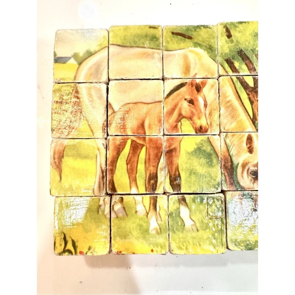 Vintage Farmhouse Wooden Picture Blocks Puzzle Chicken Horse Kitten‎ Cottagecore